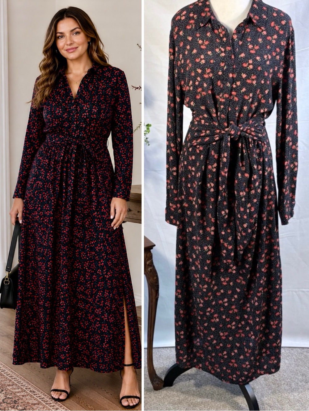 Zara Black Red Poppy Floral Tie Waist Side Slit Maxi Shirt Dress Sz XL 💛